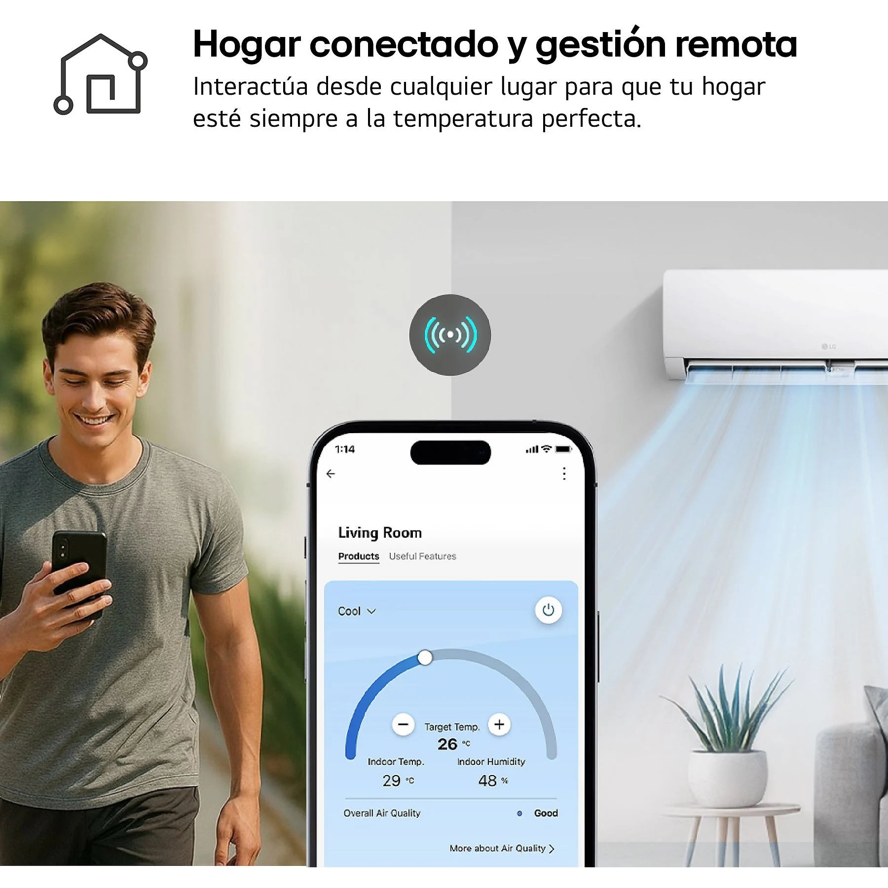 Aire acondicionado Split 1 x 1 – LG WIFIECO12.SET, 2967 fg/h, Wi-Fi, ThinQ, Blanco