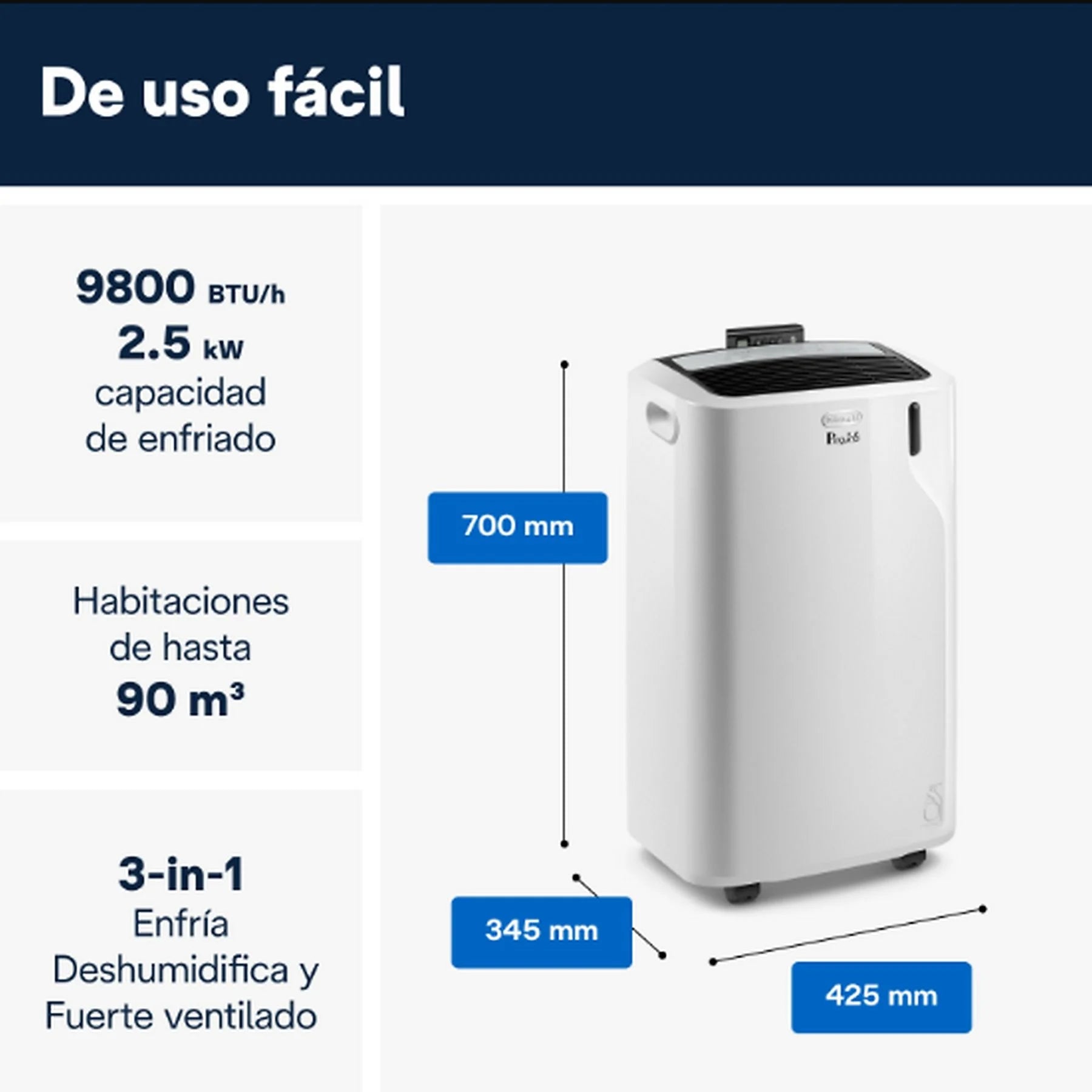 Aire acondicionado portátil – De’Longhi Pinguino PAC EM90 Silent, 2450 fg/h, 2.5kW, 90m³, 3 en 1, Temporizador, 63dB, Gas Eco-Friendly, Blanco