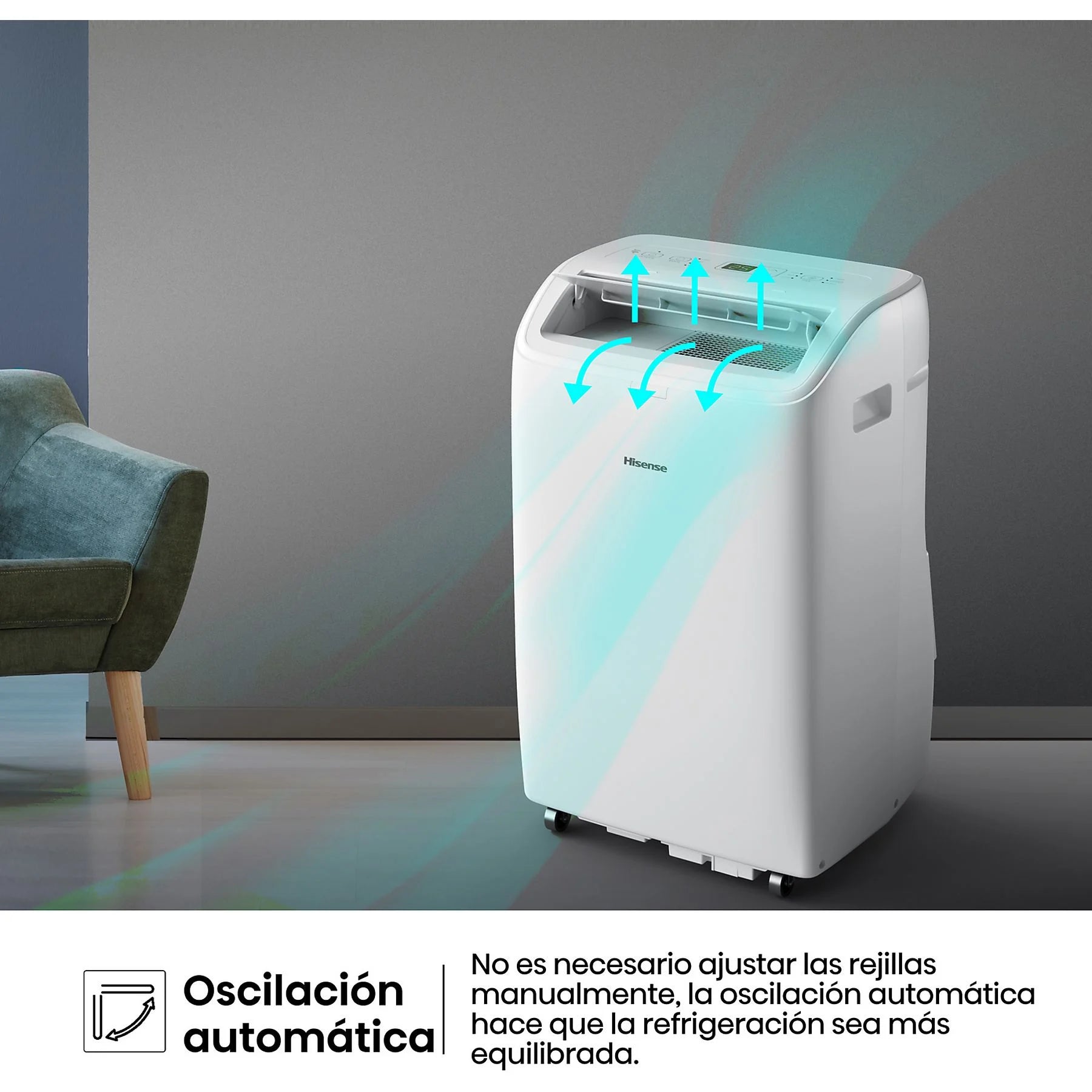 Aire acondicionado portátil – Hisense APC09QC, 2236 fg/h, 3 velocidades, Deshumidificador, Super Cool, Mando a distancia, Kit Ventana, Wi-Fi, Blanco