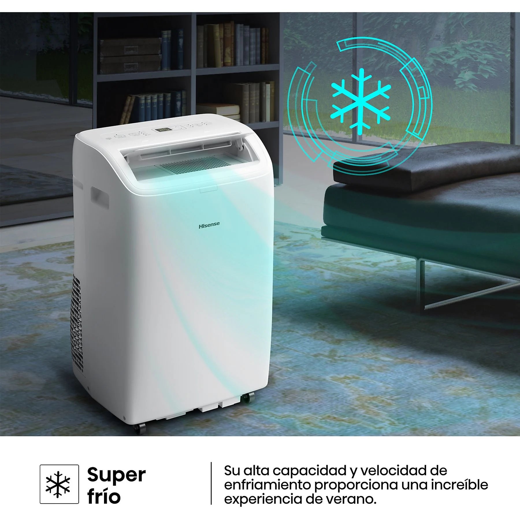 Aire acondicionado portátil – Hisense APC09QC, 2236 fg/h, 3 velocidades, Deshumidificador, Super Cool, Mando a distancia, Kit Ventana, Wi-Fi, Blanco