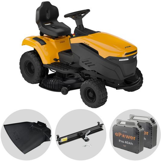 Stiga Tornado 398e - Kit Tractor cortacésped con 2 módulos batería ePower Pro 56V/40Ah